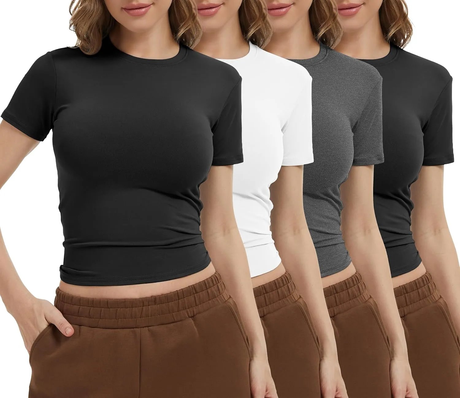1/4 Pack Women's Workout Shirts Compression Short Sleeve Crew Neck Running Yoga Gym Athletic Fitted Crop T-Shirts Top