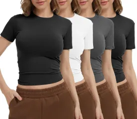 1/4 Pack Women's Workout Shirts Compression Short Sleeve Crew Neck Running Yoga Gym Athletic Fitted Crop T-Shirts Top