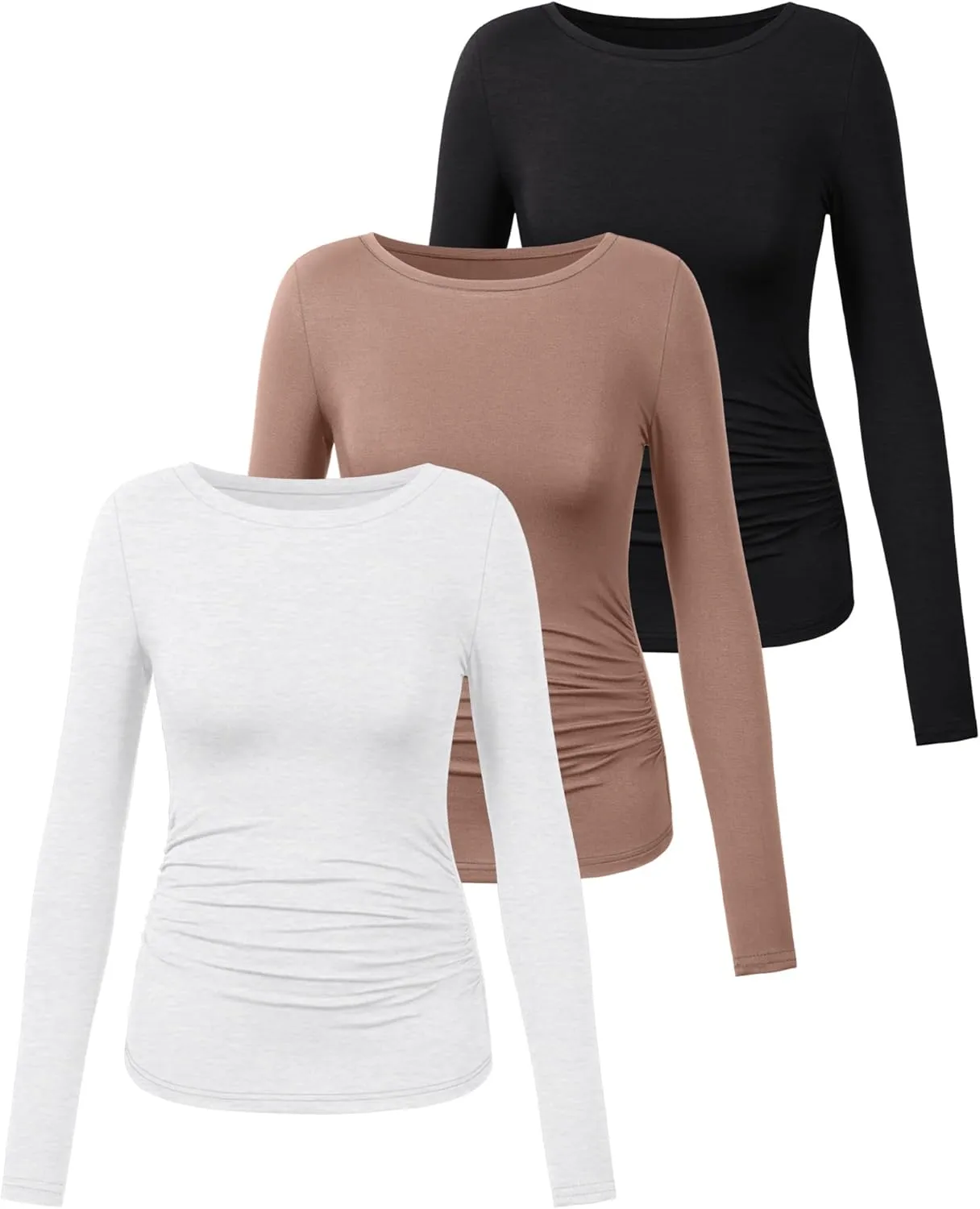 3 Pack Women's Long Sleeve Shirts Crewneck Going Out Basic Tops Tight Slim Fit Side Ruched Crop Tees Y2k Outfits