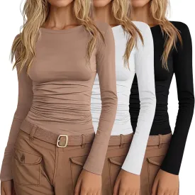 3 Pack Women's Long Sleeve Shirts Crewneck Going Out Basic Tops Tight Slim Fit Side Ruched Crop Tees Y2k Outfits