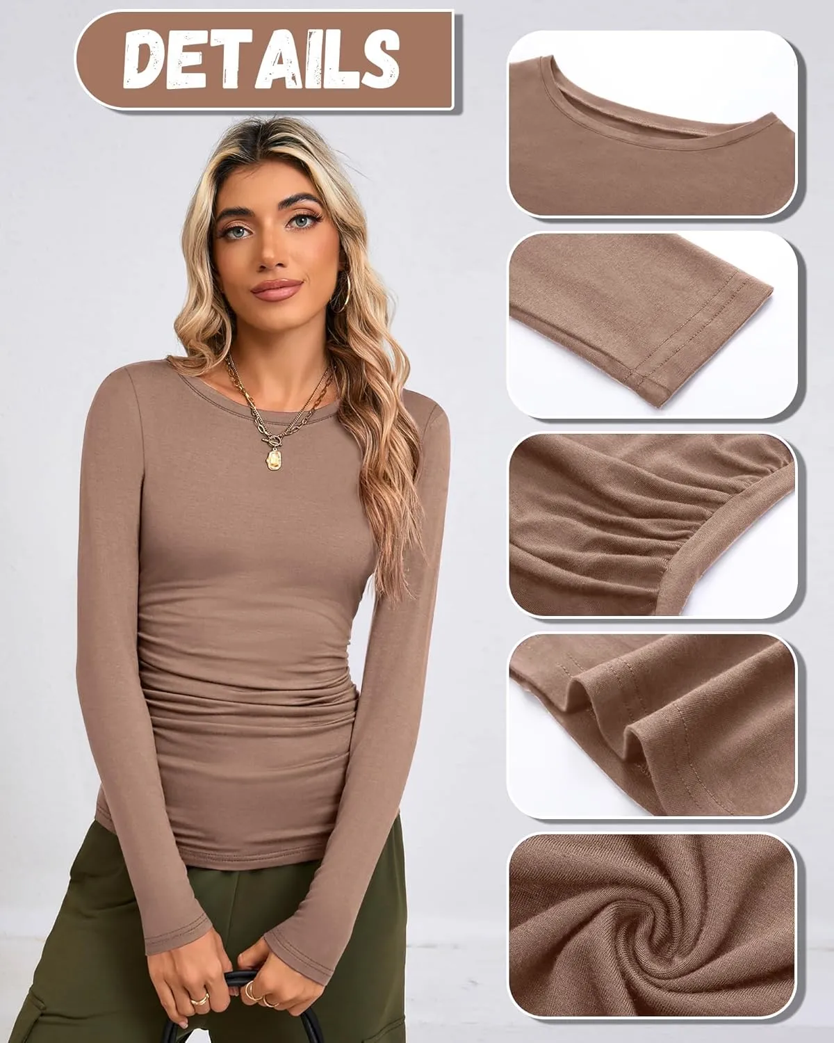 3 Pack Women's Long Sleeve Shirts Crewneck Going Out Basic Tops Tight Slim Fit Side Ruched Crop Tees Y2k Outfits