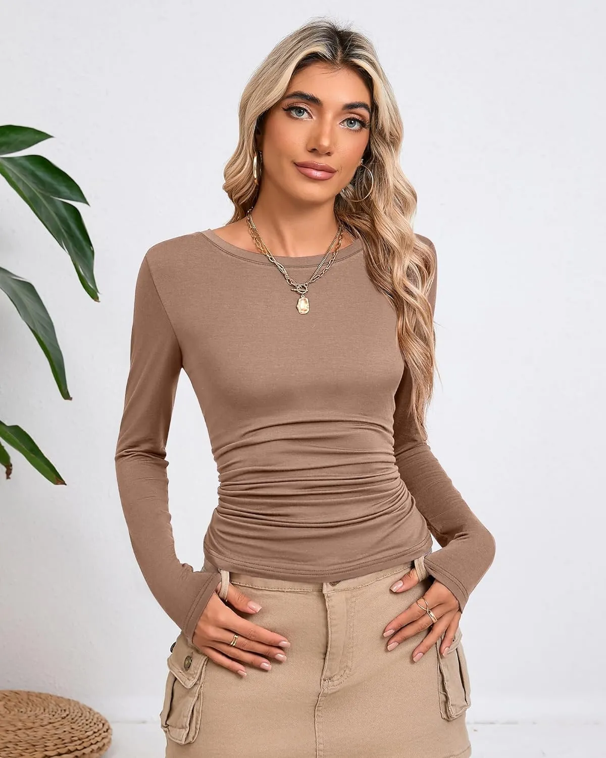 3 Pack Women's Long Sleeve Shirts Crewneck Going Out Basic Tops Tight Slim Fit Side Ruched Crop Tees Y2k Outfits