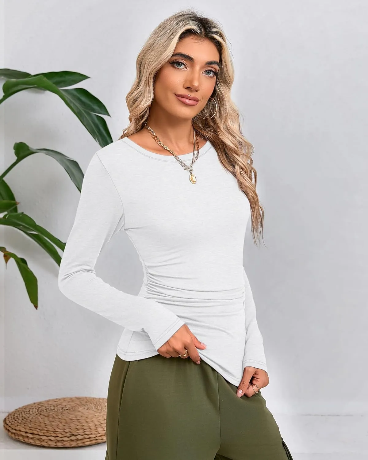 3 Pack Women's Long Sleeve Shirts Crewneck Going Out Basic Tops Tight Slim Fit Side Ruched Crop Tees Y2k Outfits