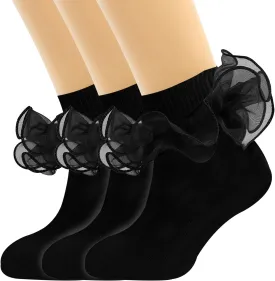 3 Pairs Girls Black Ruffle Socks - Turn Cuff Lace Big Double Ruffle Princess Dress Cotton Ankle Socks