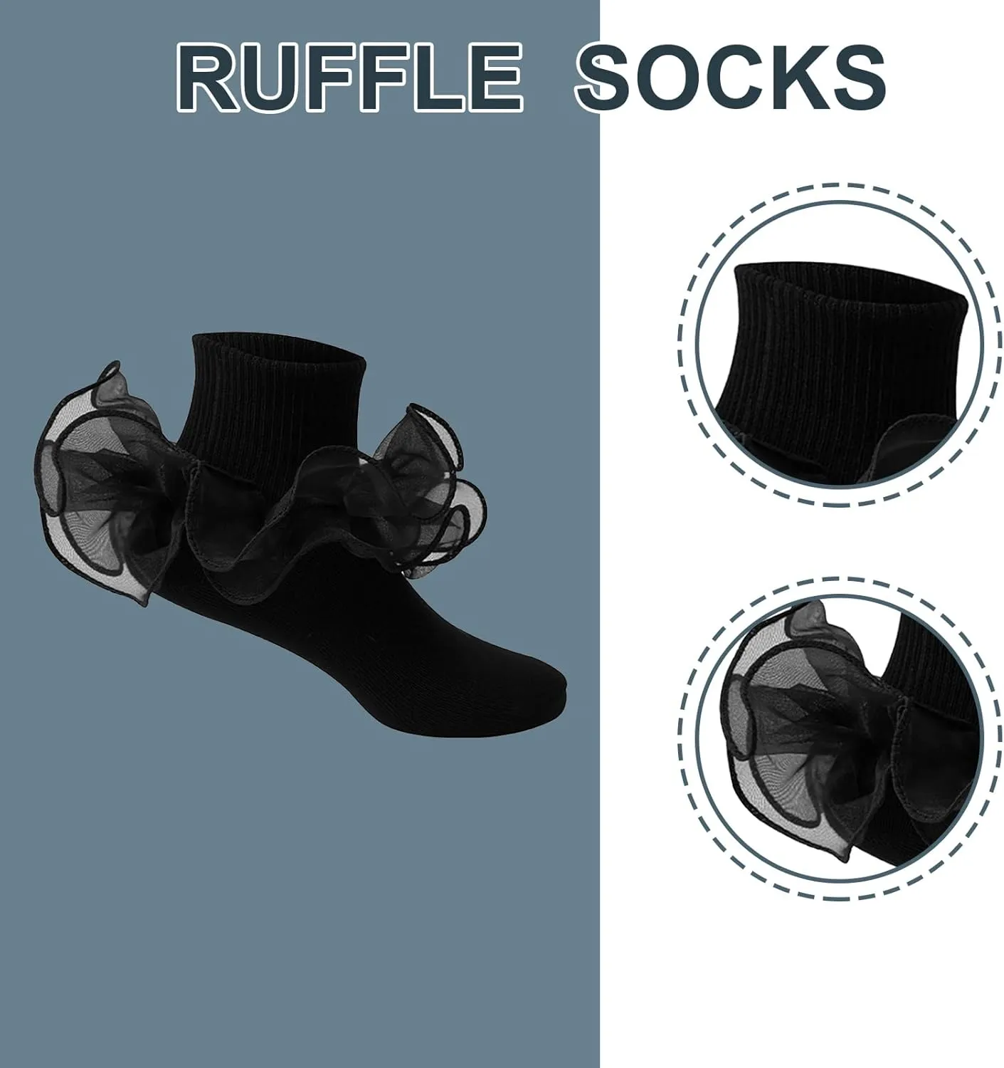 3 Pairs Girls Black Ruffle Socks - Turn Cuff Lace Big Double Ruffle Princess Dress Cotton Ankle Socks