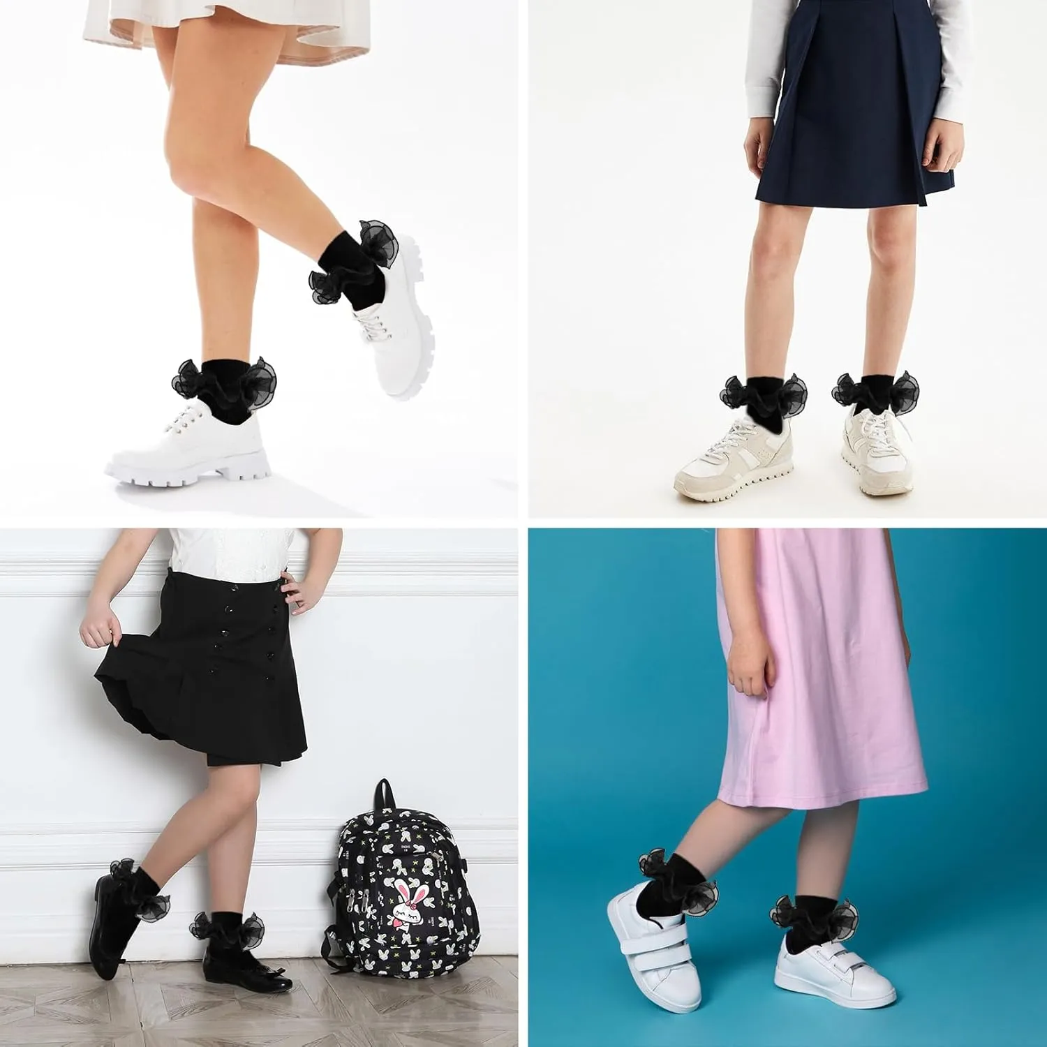 3 Pairs Girls Black Ruffle Socks - Turn Cuff Lace Big Double Ruffle Princess Dress Cotton Ankle Socks