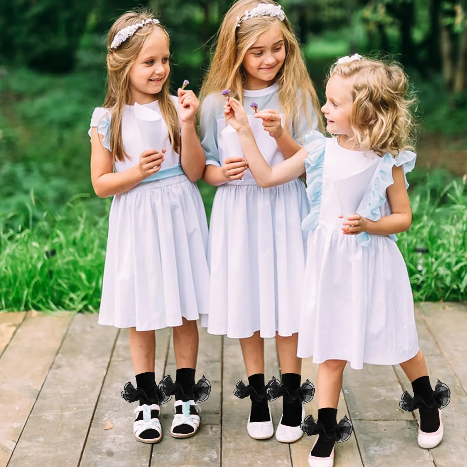 3 Pairs Girls Black Ruffle Socks - Turn Cuff Lace Big Double Ruffle Princess Dress Cotton Ankle Socks
