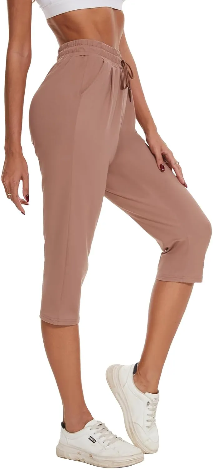 BATHRINS Women's Capri Sweatpants Summer Casual Jogger Drawstring Waist Pants with Back Pockets