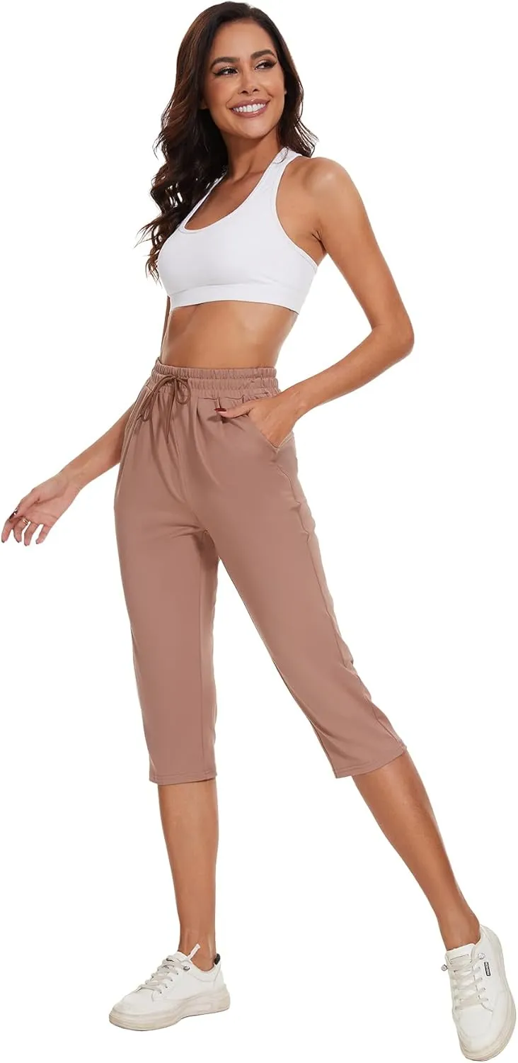 BATHRINS Women's Capri Sweatpants Summer Casual Jogger Drawstring Waist Pants with Back Pockets