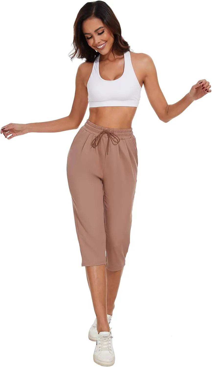 BATHRINS Women's Capri Sweatpants Summer Casual Jogger Drawstring Waist Pants with Back Pockets