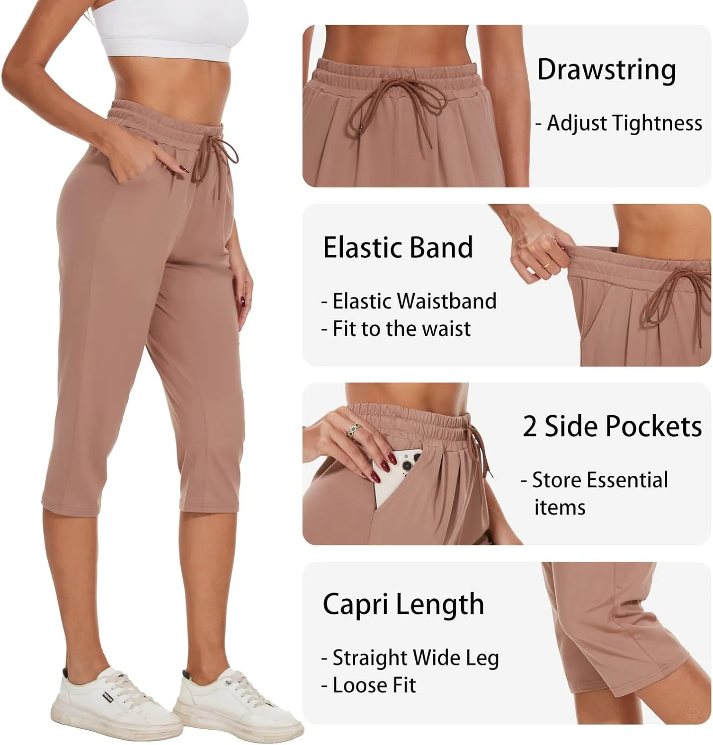 BATHRINS Women's Capri Sweatpants Summer Casual Jogger Drawstring Waist Pants with Back Pockets