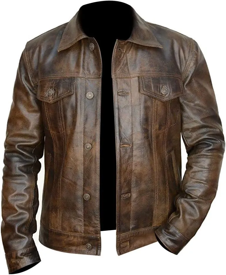 Black Leather Jacket For Men - Distinctive Distressed Brown Trucker Jacket - Vintage Style For Men