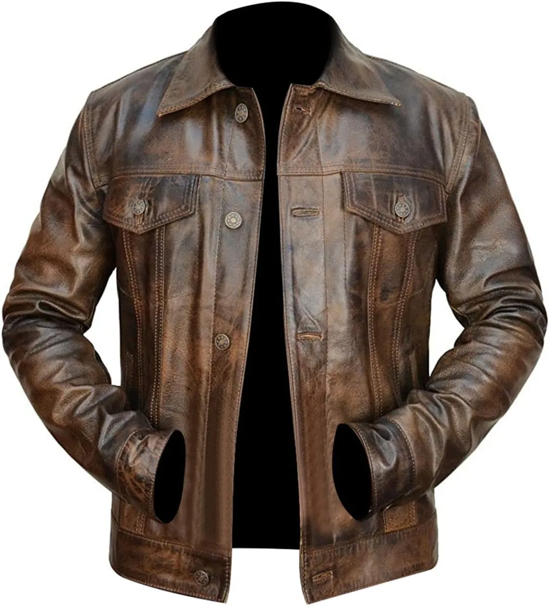 Black Leather Jacket For Men - Distinctive Distressed Brown Trucker Jacket - Vintage Style For Men