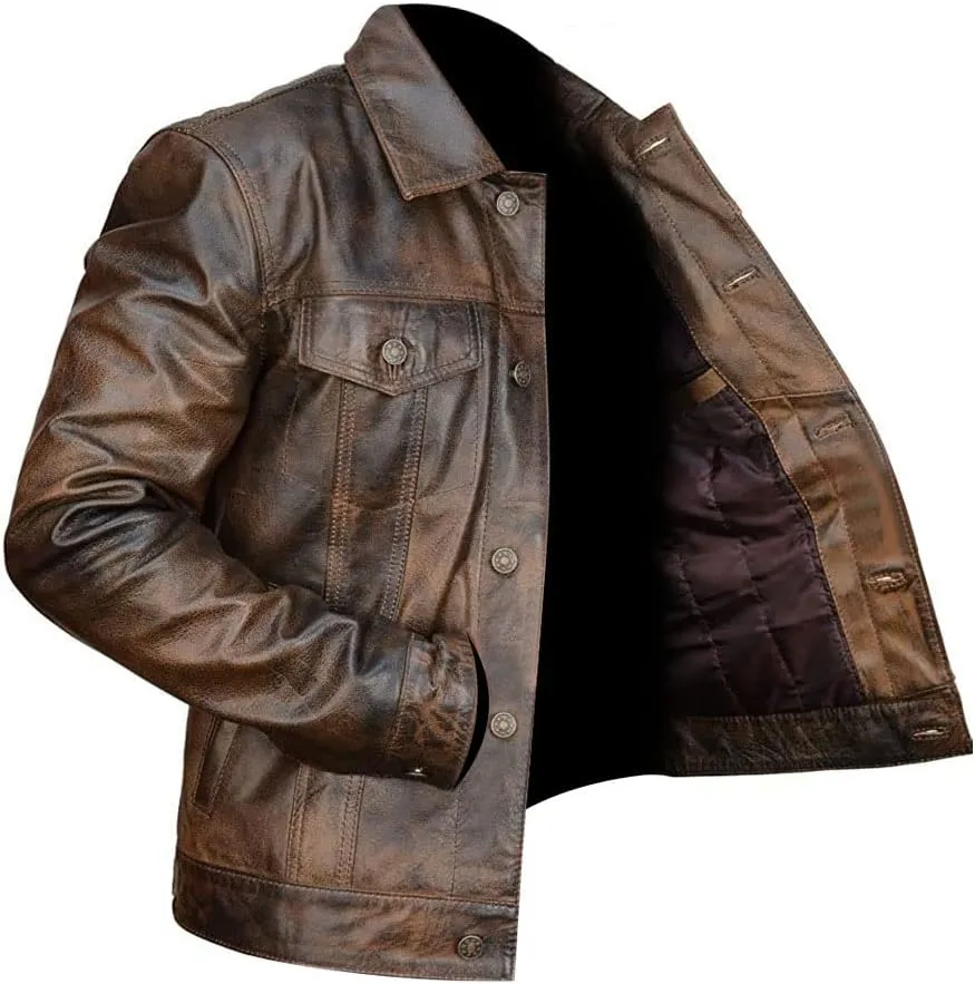 Black Leather Jacket For Men - Distinctive Distressed Brown Trucker Jacket - Vintage Style For Men