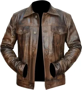 Black Leather Jacket For Men - Distinctive Distressed Brown Trucker Jacket - Vintage Style For Men