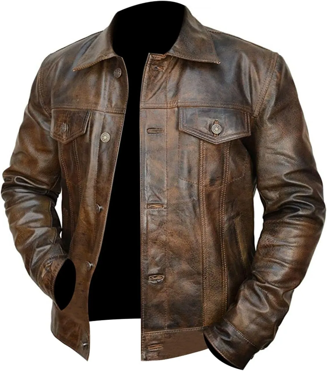 Black Leather Jacket For Men - Distinctive Distressed Brown Trucker Jacket - Vintage Style For Men