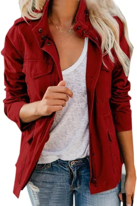 chouyatou Women's Fall Stand Collar Zip Up Military Cotton Utility Safari Jacket