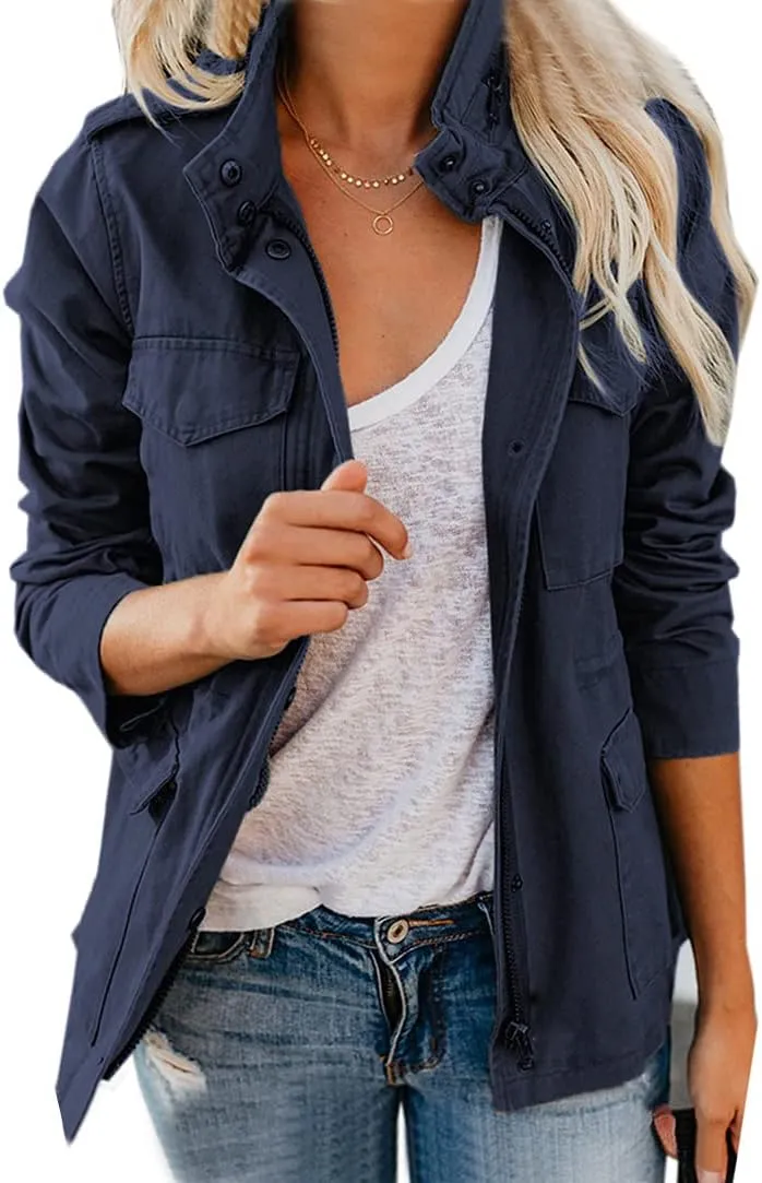 chouyatou Women's Fall Stand Collar Zip Up Military Cotton Utility Safari Jacket