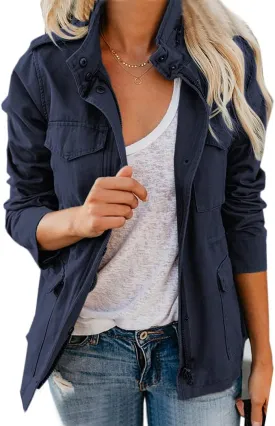 chouyatou Women's Fall Stand Collar Zip Up Military Cotton Utility Safari Jacket