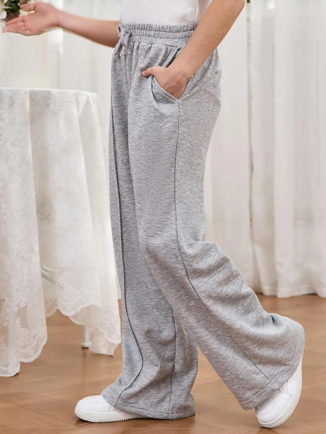 COZYEASE Girl's Wide Leg Sweatpants Elastic Waist Drawstring Straight Leg Baggy Jogger Pants with Pocket