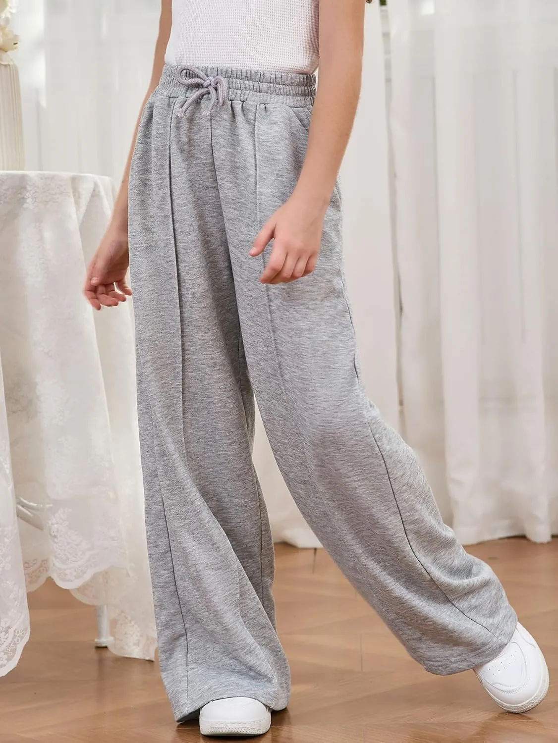 COZYEASE Girl's Wide Leg Sweatpants Elastic Waist Drawstring Straight Leg Baggy Jogger Pants with Pocket