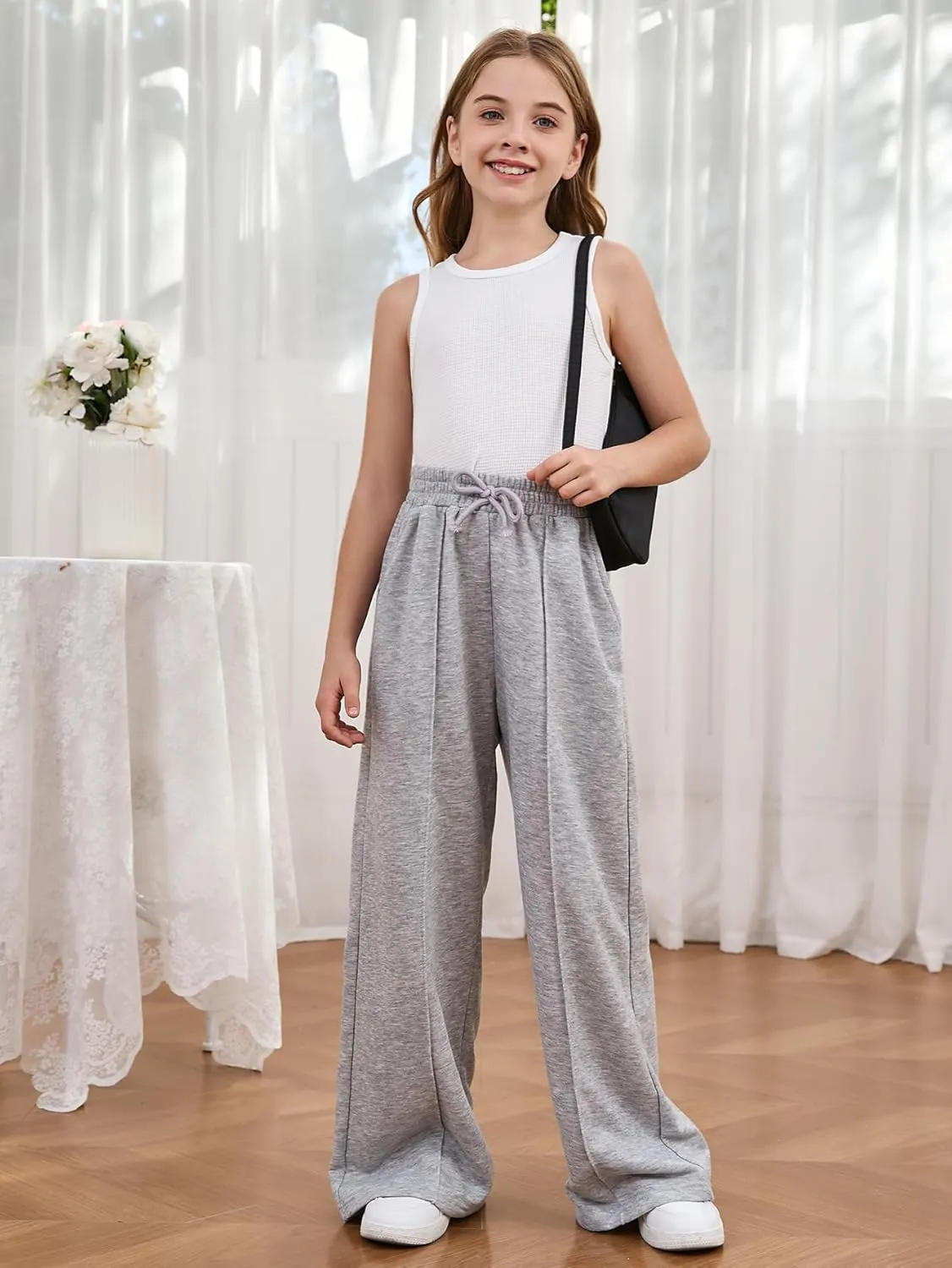 COZYEASE Girl's Wide Leg Sweatpants Elastic Waist Drawstring Straight Leg Baggy Jogger Pants with Pocket
