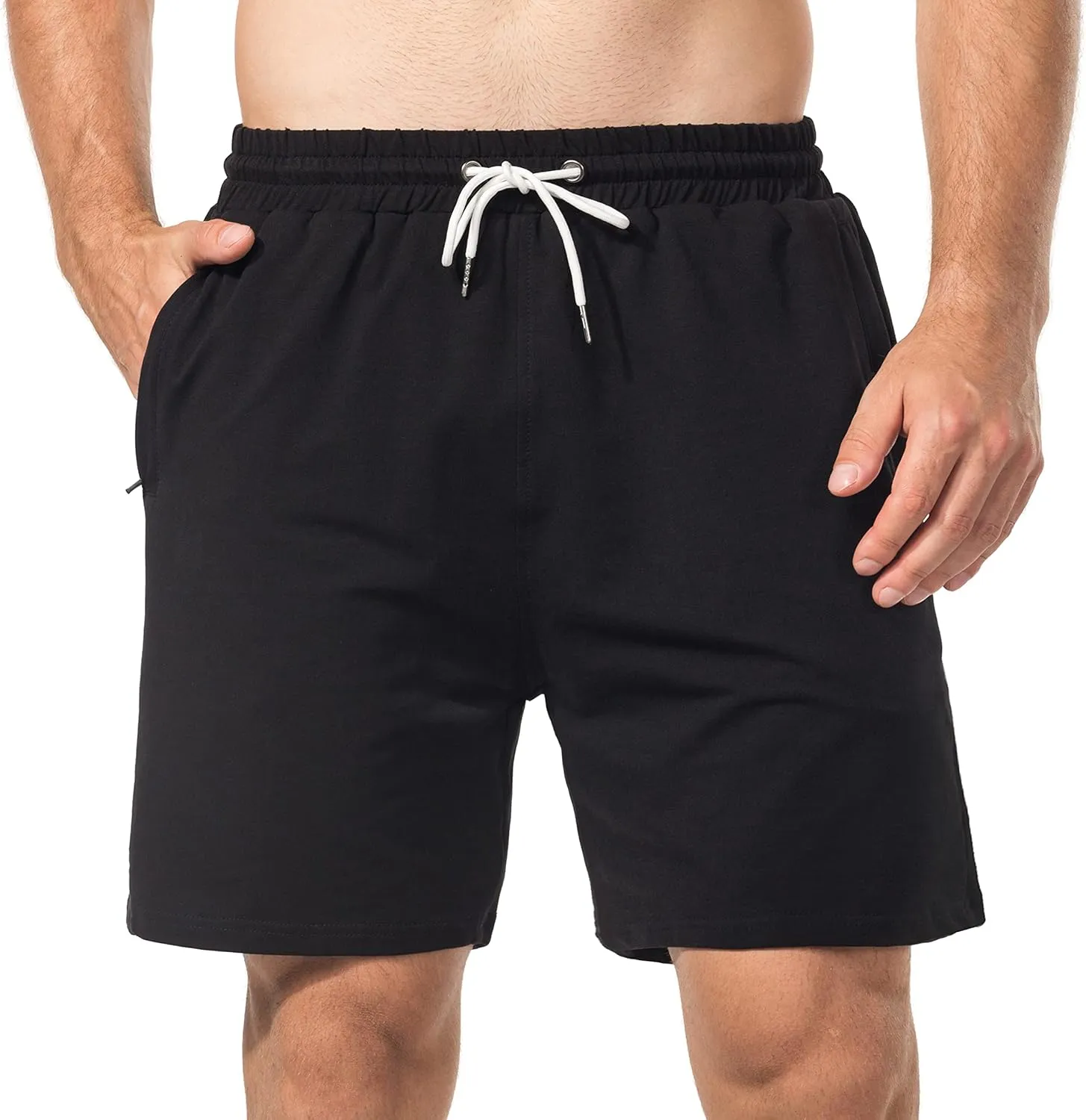 HEALONG Mens Athletic Shorts Cotton: Workout Gym Running Exercise Training - 7" Drawstring Fashion Sports with Zipper Pockets