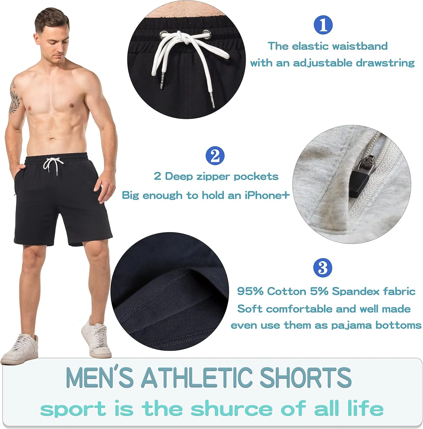 HEALONG Mens Athletic Shorts Cotton: Workout Gym Running Exercise Training - 7" Drawstring Fashion Sports with Zipper Pockets