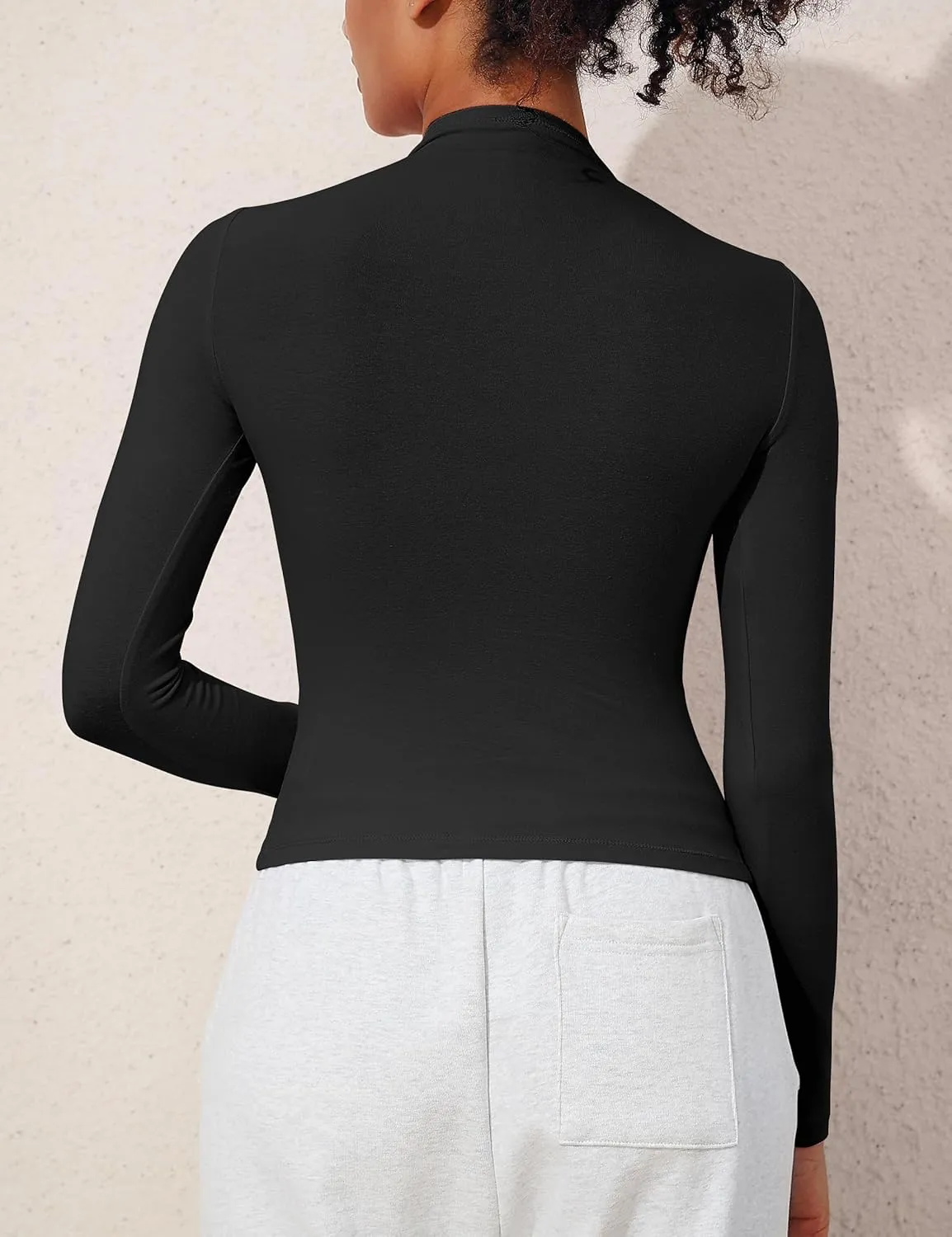 Hilor Women's Long Sleeve T Shirts Basic Cotton Mock Neck Tops Tight Fitted Going Out Crop Tops Y2K Tees Shirts