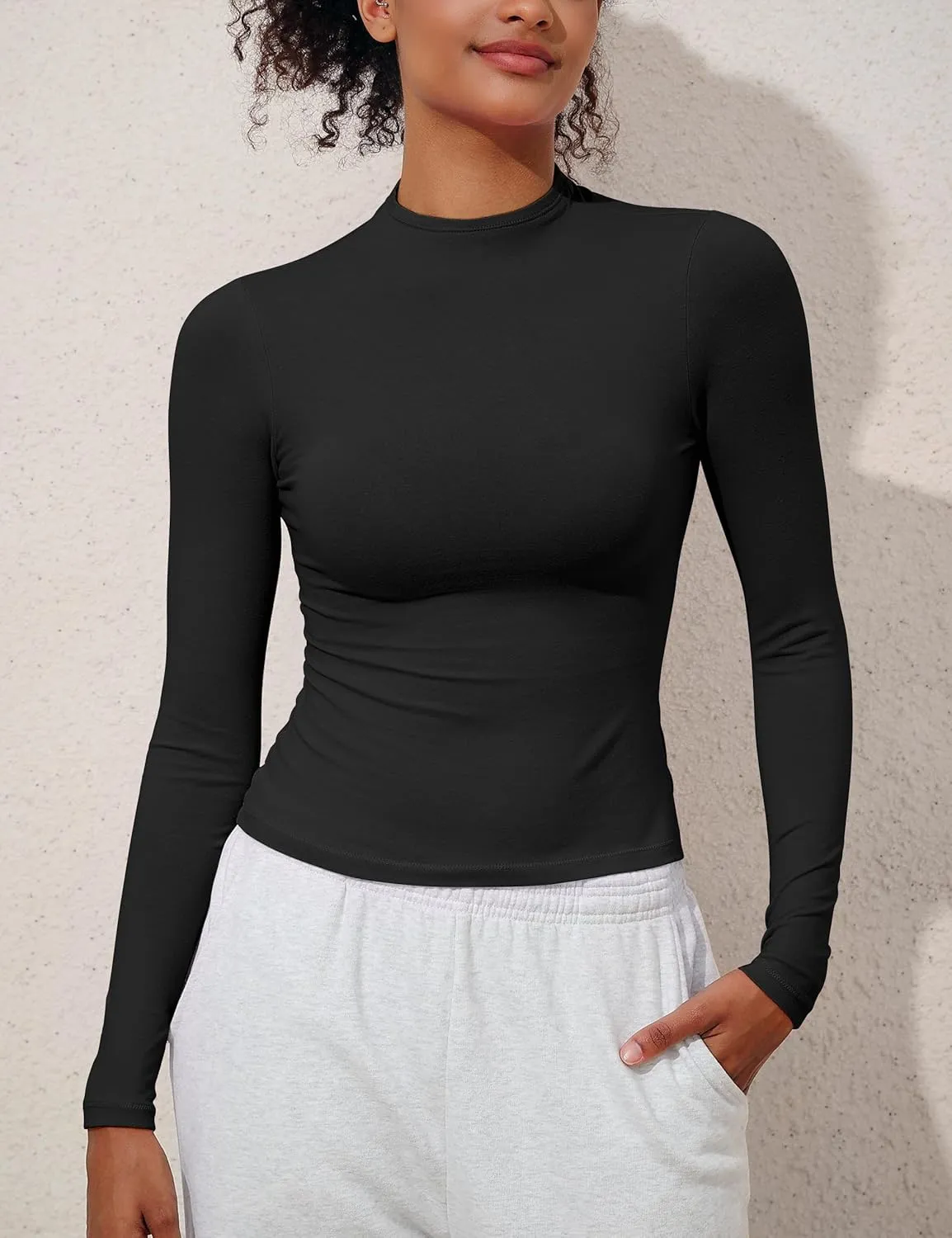Hilor Women's Long Sleeve T Shirts Basic Cotton Mock Neck Tops Tight Fitted Going Out Crop Tops Y2K Tees Shirts