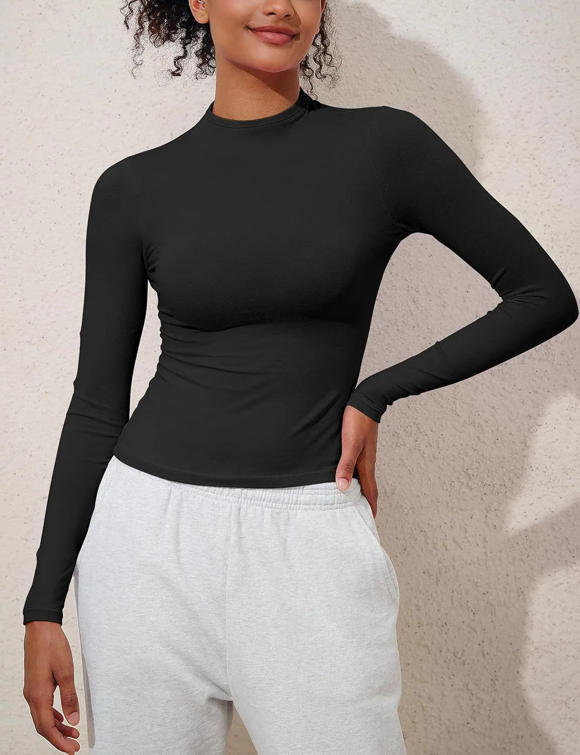 Hilor Women's Long Sleeve T Shirts Basic Cotton Mock Neck Tops Tight Fitted Going Out Crop Tops Y2K Tees Shirts