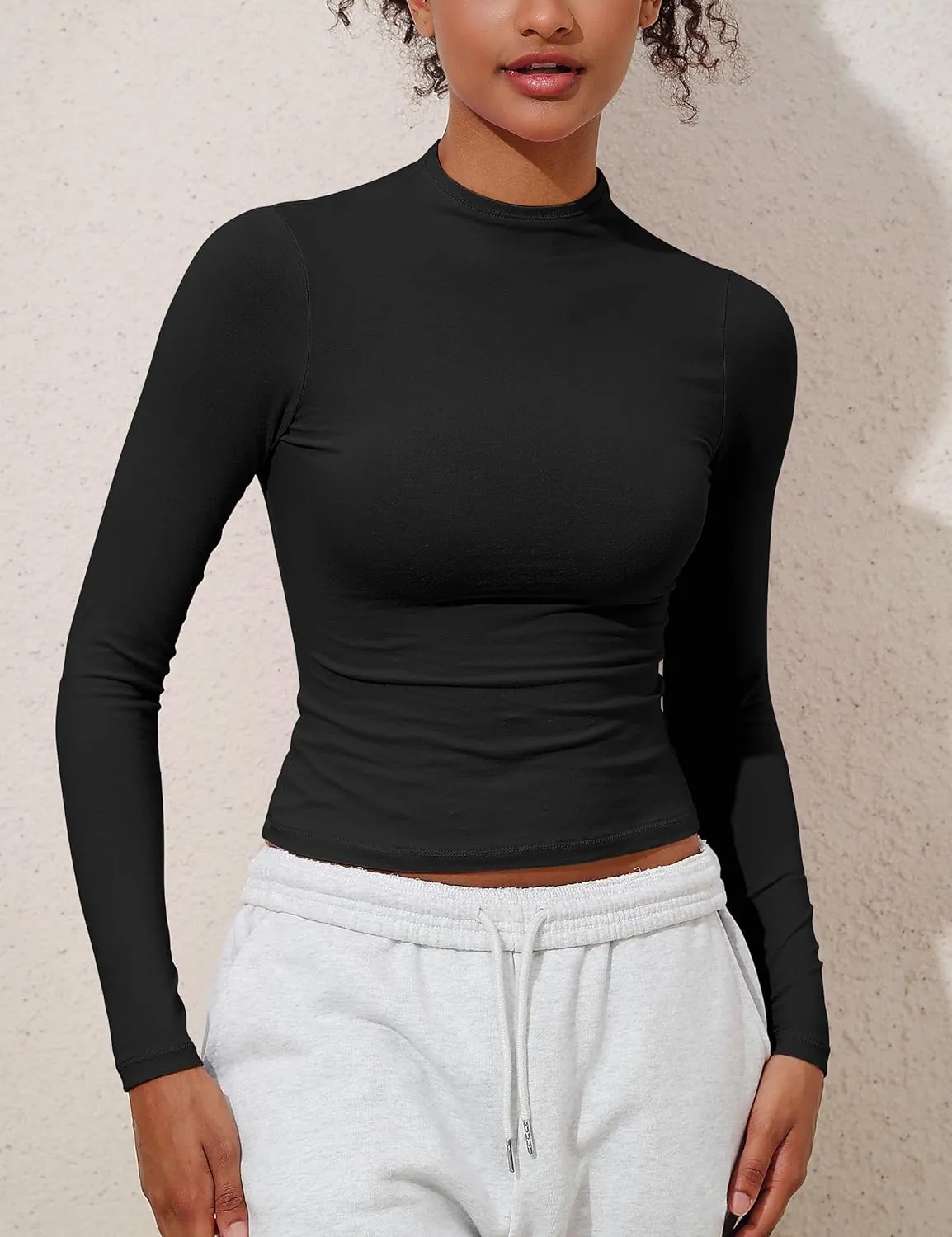 Hilor Women's Long Sleeve T Shirts Basic Cotton Mock Neck Tops Tight Fitted Going Out Crop Tops Y2K Tees Shirts