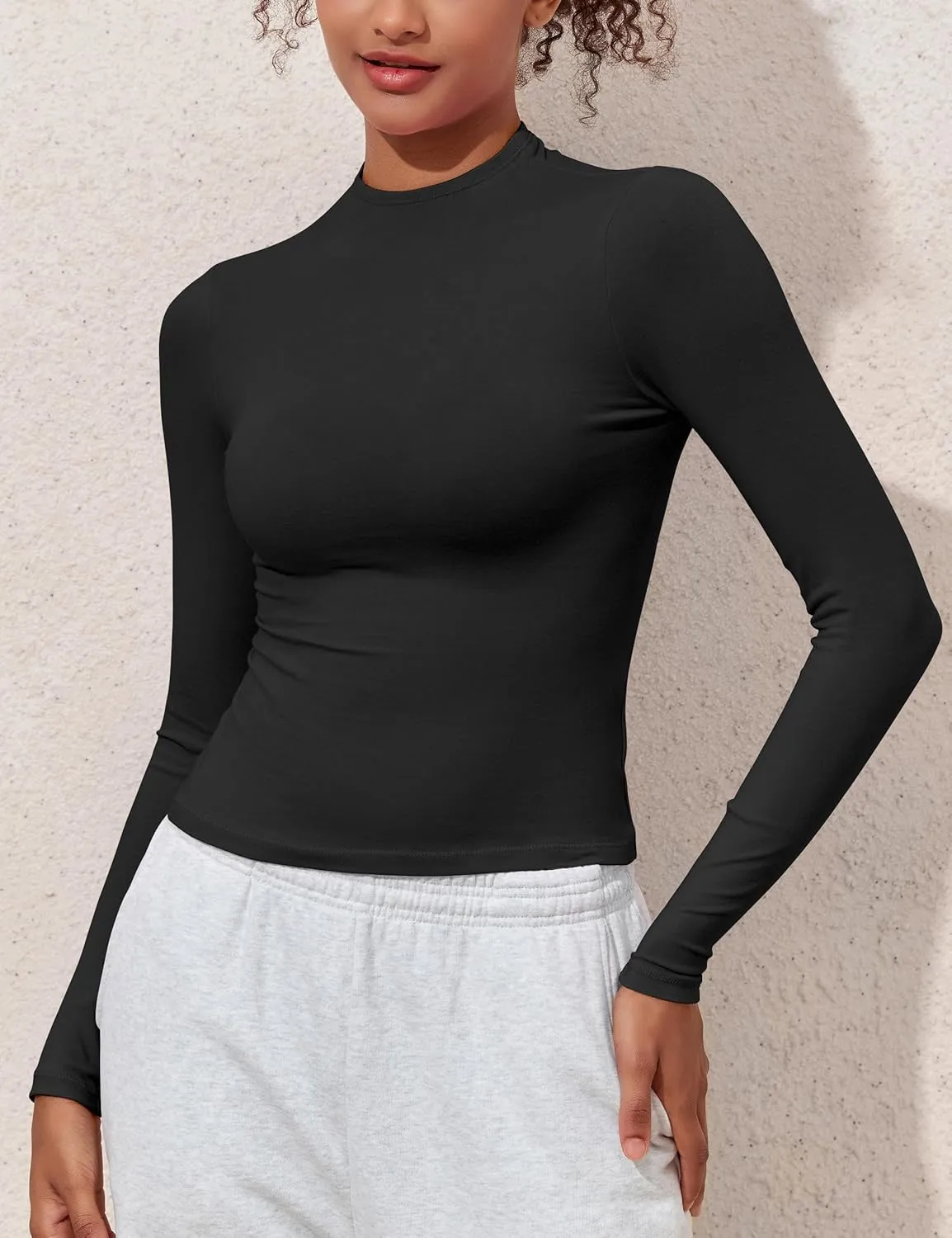 Hilor Women's Long Sleeve T Shirts Basic Cotton Mock Neck Tops Tight Fitted Going Out Crop Tops Y2K Tees Shirts