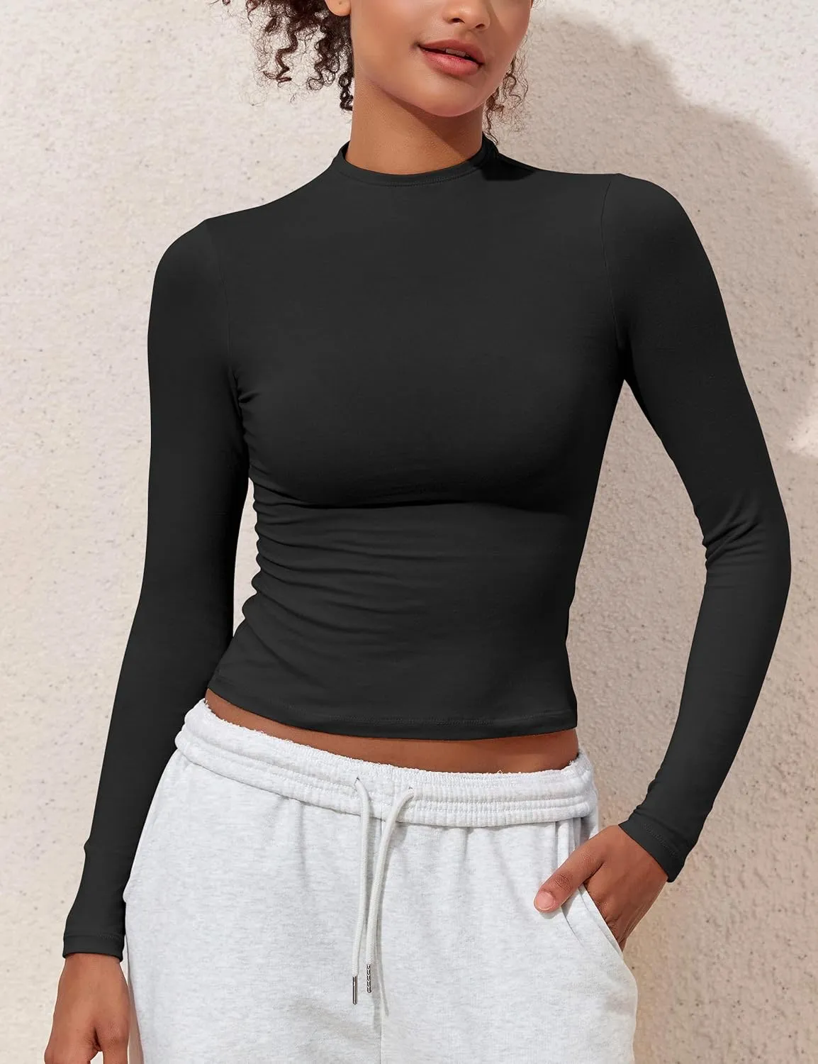 Hilor Women's Long Sleeve T Shirts Basic Cotton Mock Neck Tops Tight Fitted Going Out Crop Tops Y2K Tees Shirts