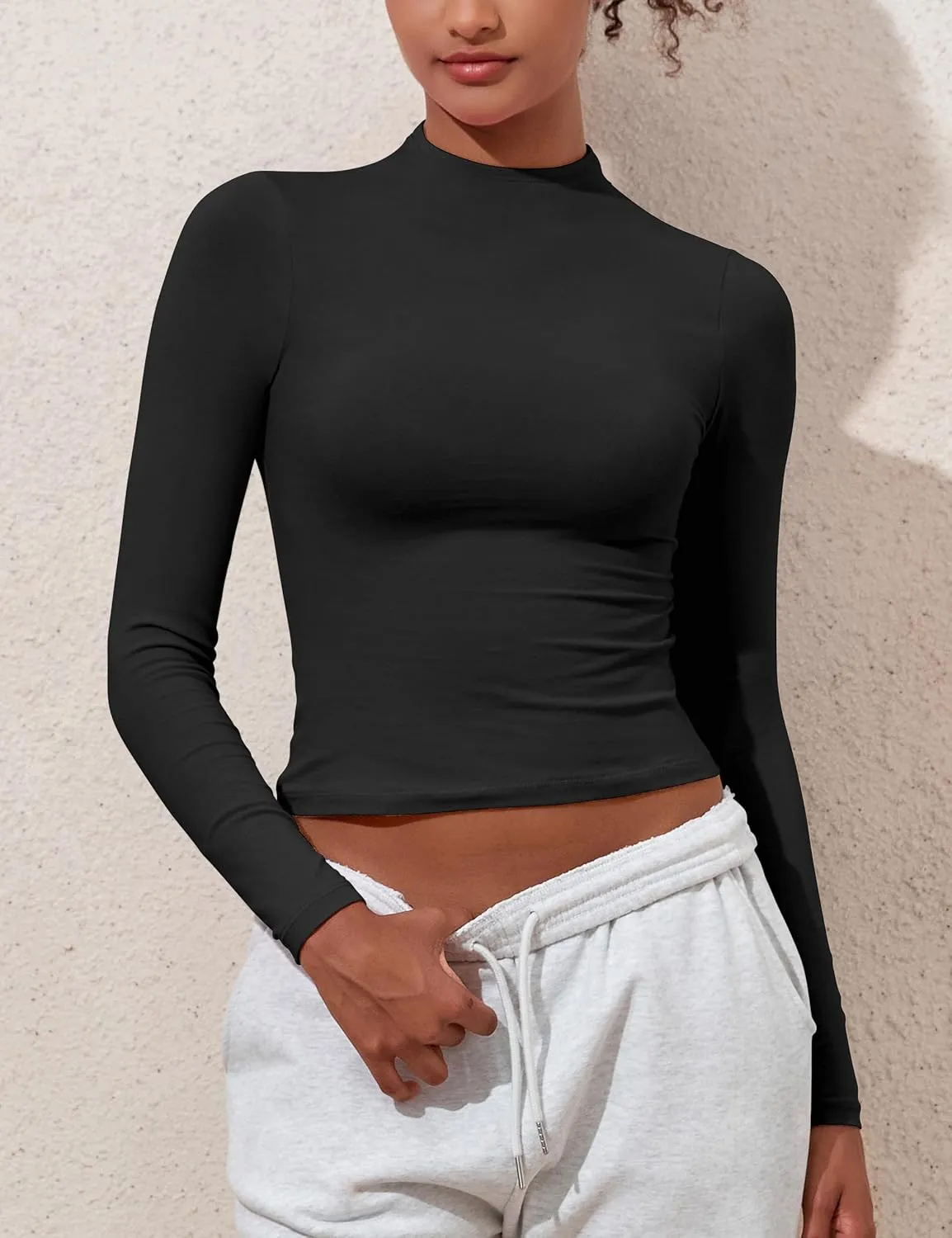 Hilor Women's Long Sleeve T Shirts Basic Cotton Mock Neck Tops Tight Fitted Going Out Crop Tops Y2K Tees Shirts