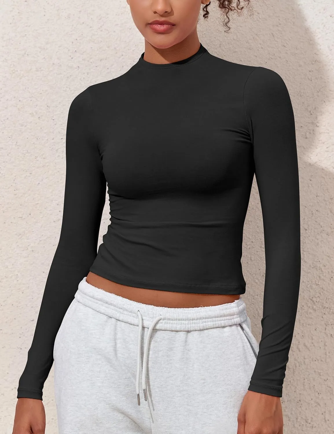 Hilor Women's Long Sleeve T Shirts Basic Cotton Mock Neck Tops Tight Fitted Going Out Crop Tops Y2K Tees Shirts