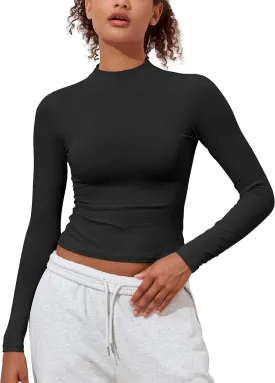 Hilor Women's Long Sleeve T Shirts Basic Cotton Mock Neck Tops Tight Fitted Going Out Crop Tops Y2K Tees Shirts
