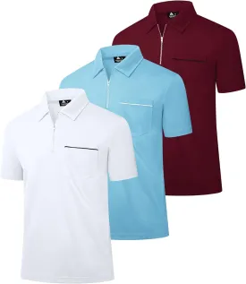 JACKETOWN 3 Pack Men's Zipper Short Sleeve Golf Polo Shirts Casual Collared T-Shirt with Pocket White-Sky Blue-Burgundy XL