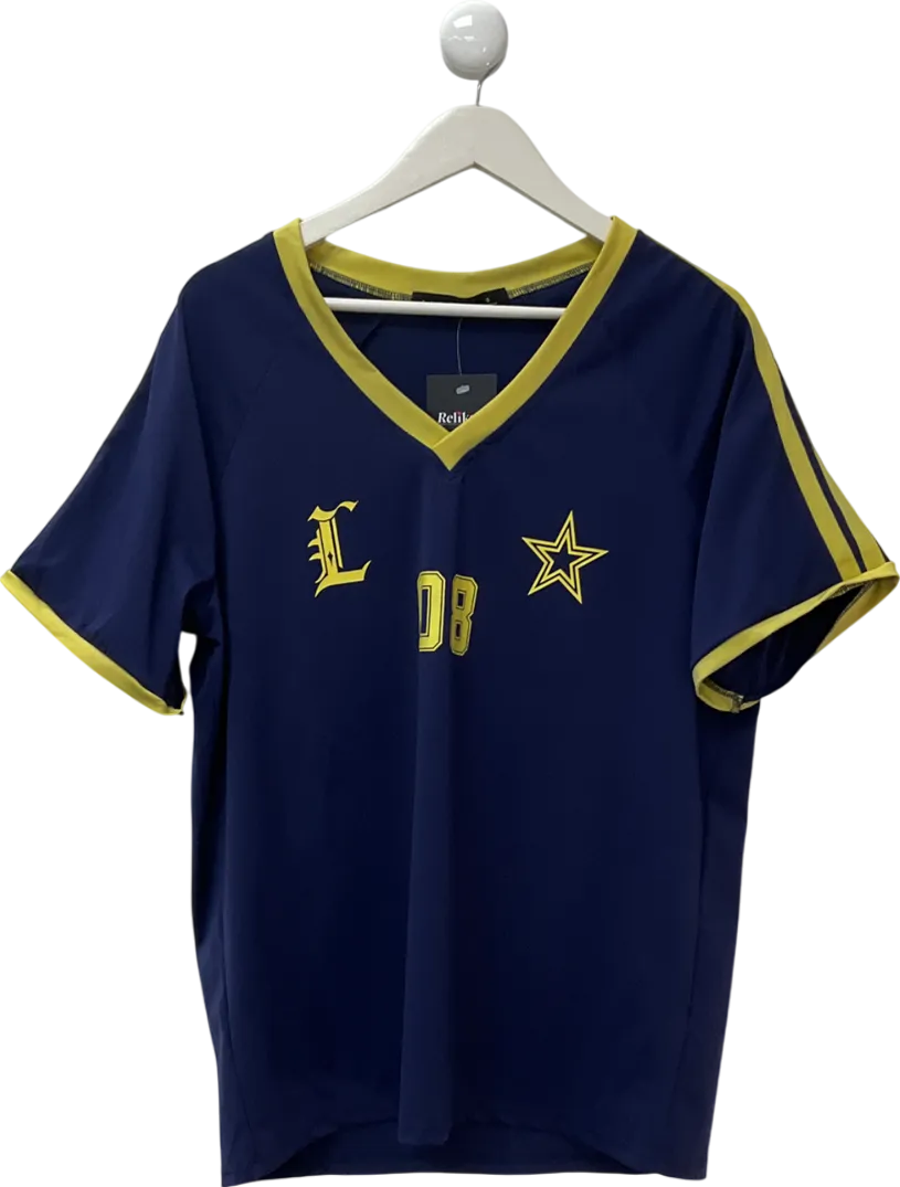 Lioness Blue V Neck Sports Jersey Top In Navy With Yellow Contrast Trims UK S