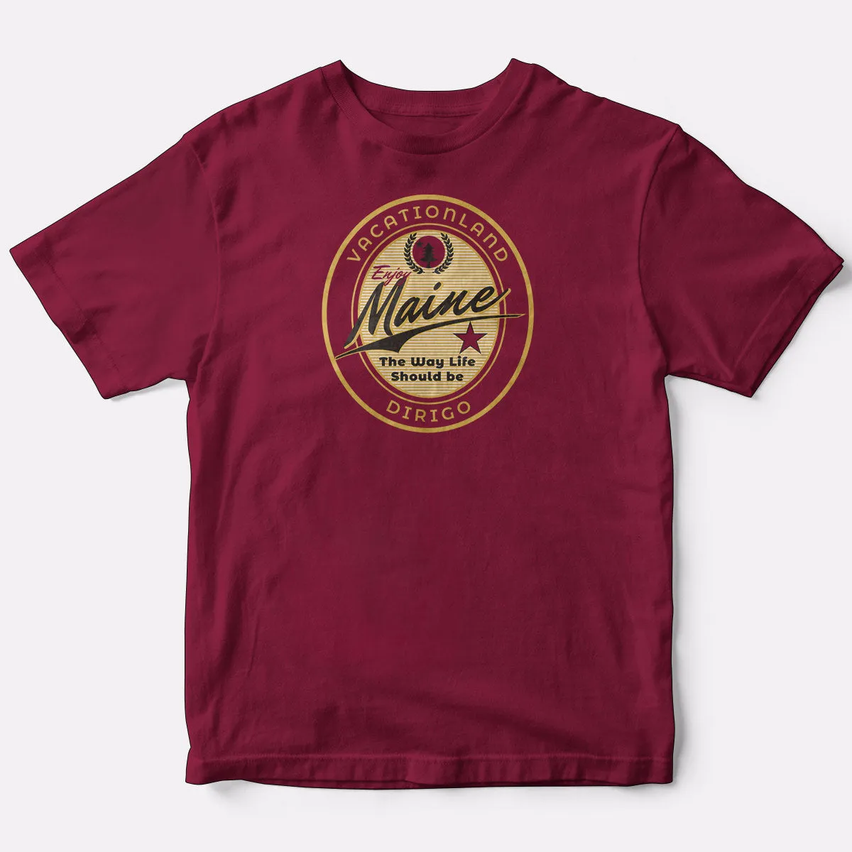 Maine Vacationland Dirigo Oval Logo T-shirt, Cardinal Red Adult Unisex S - 2X, Maine Tshirt