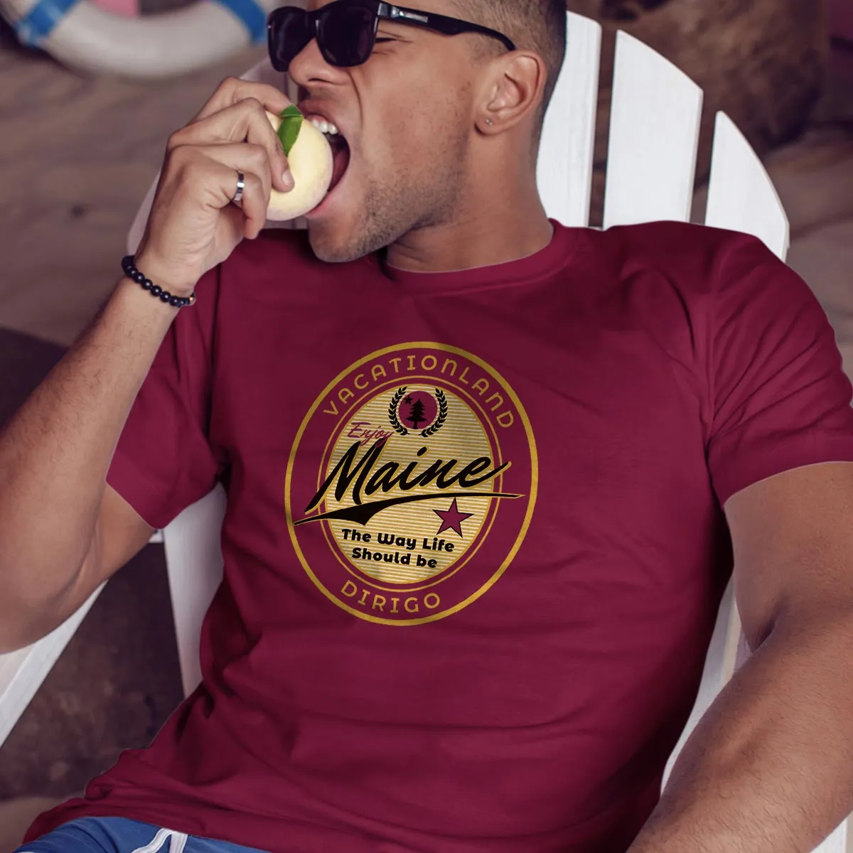 Maine Vacationland Dirigo Oval Logo T-shirt, Cardinal Red Adult Unisex S - 2X, Maine Tshirt