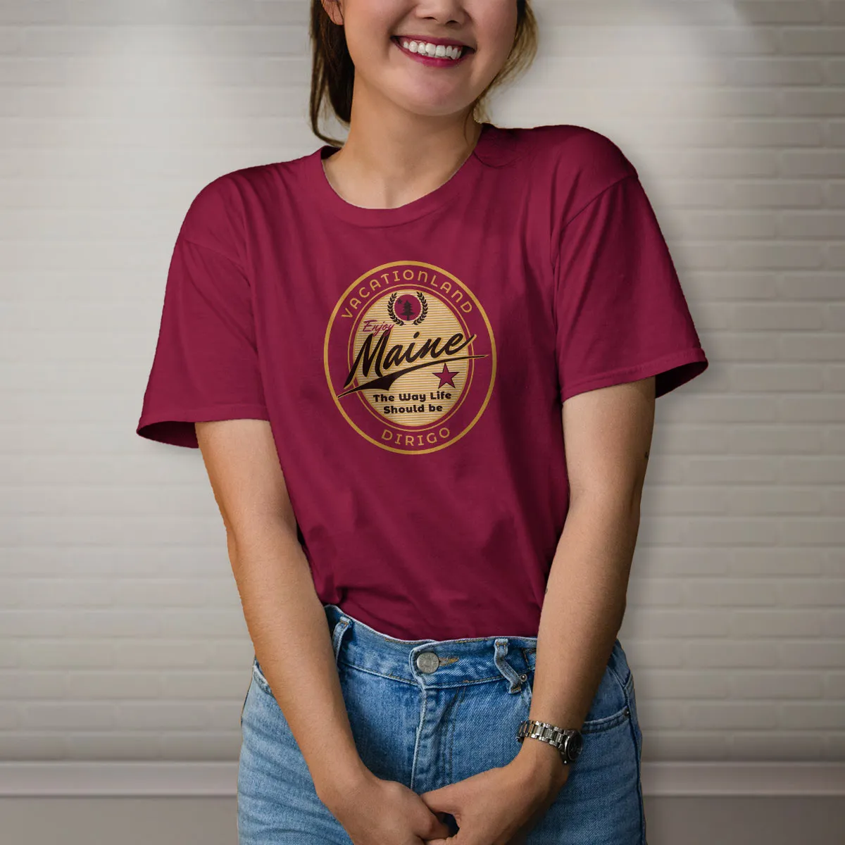 Maine Vacationland Dirigo Oval Logo T-shirt, Cardinal Red Adult Unisex S - 2X, Maine Tshirt