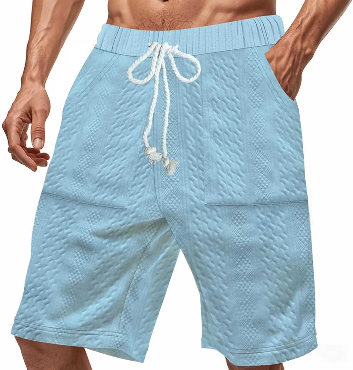 Men's Jacquard Print Bermuda Shorts, Solid Casual Summer Sports Clothes Loose Comfy Wide Leg Short Pants with Pockets