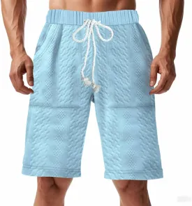 Men's Jacquard Print Bermuda Shorts, Solid Casual Summer Sports Clothes Loose Comfy Wide Leg Short Pants with Pockets