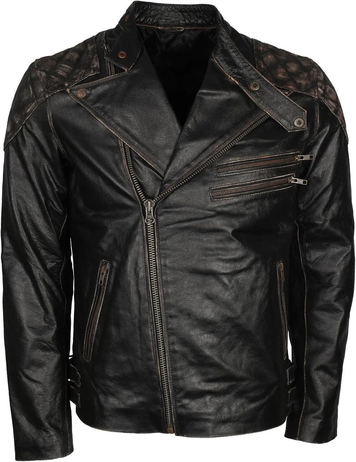 Mens Skull & Bones Black Distressed Leather Vintage Motorcycle Cowhide Jacket