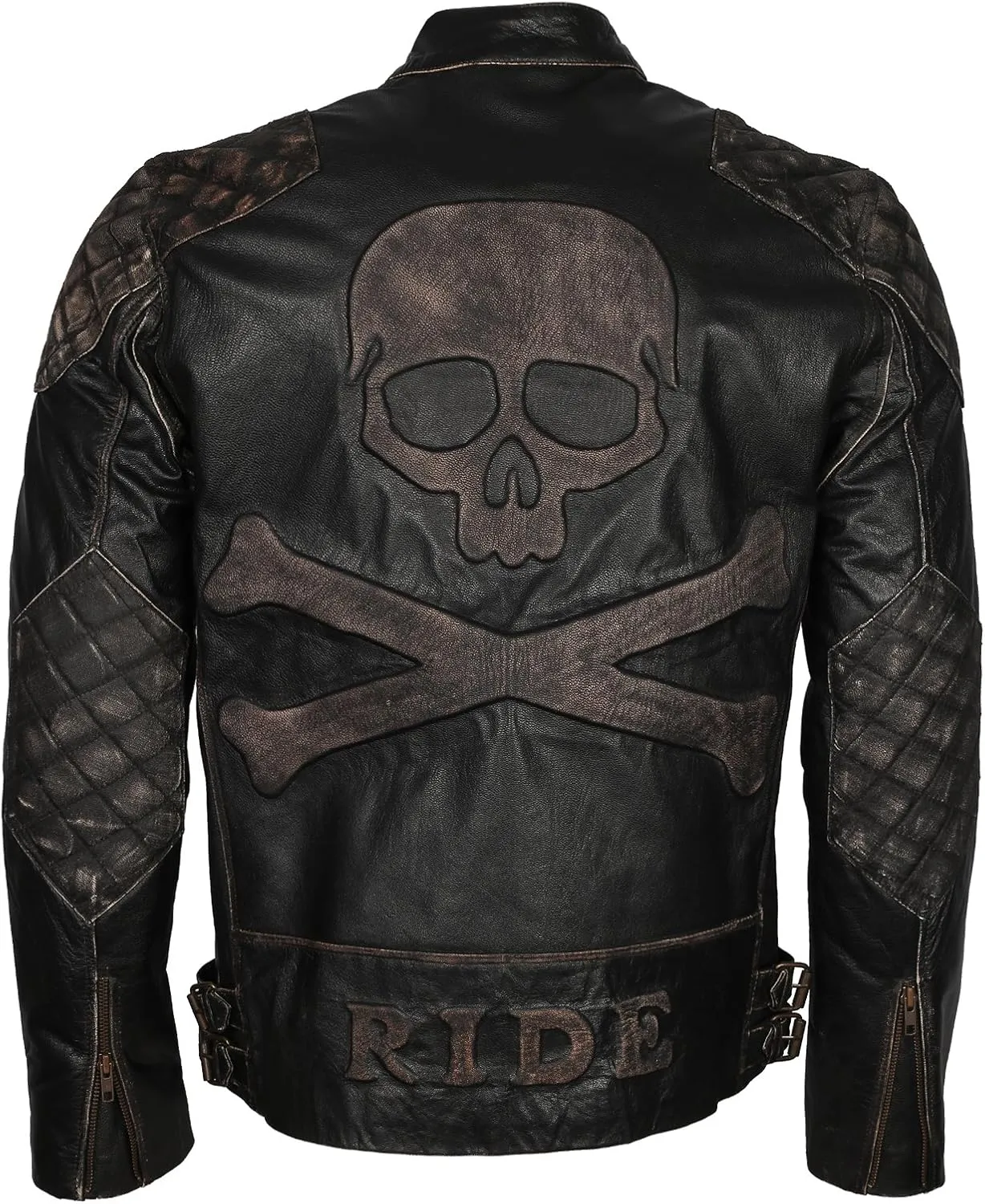 Mens Skull & Bones Black Distressed Leather Vintage Motorcycle Cowhide Jacket