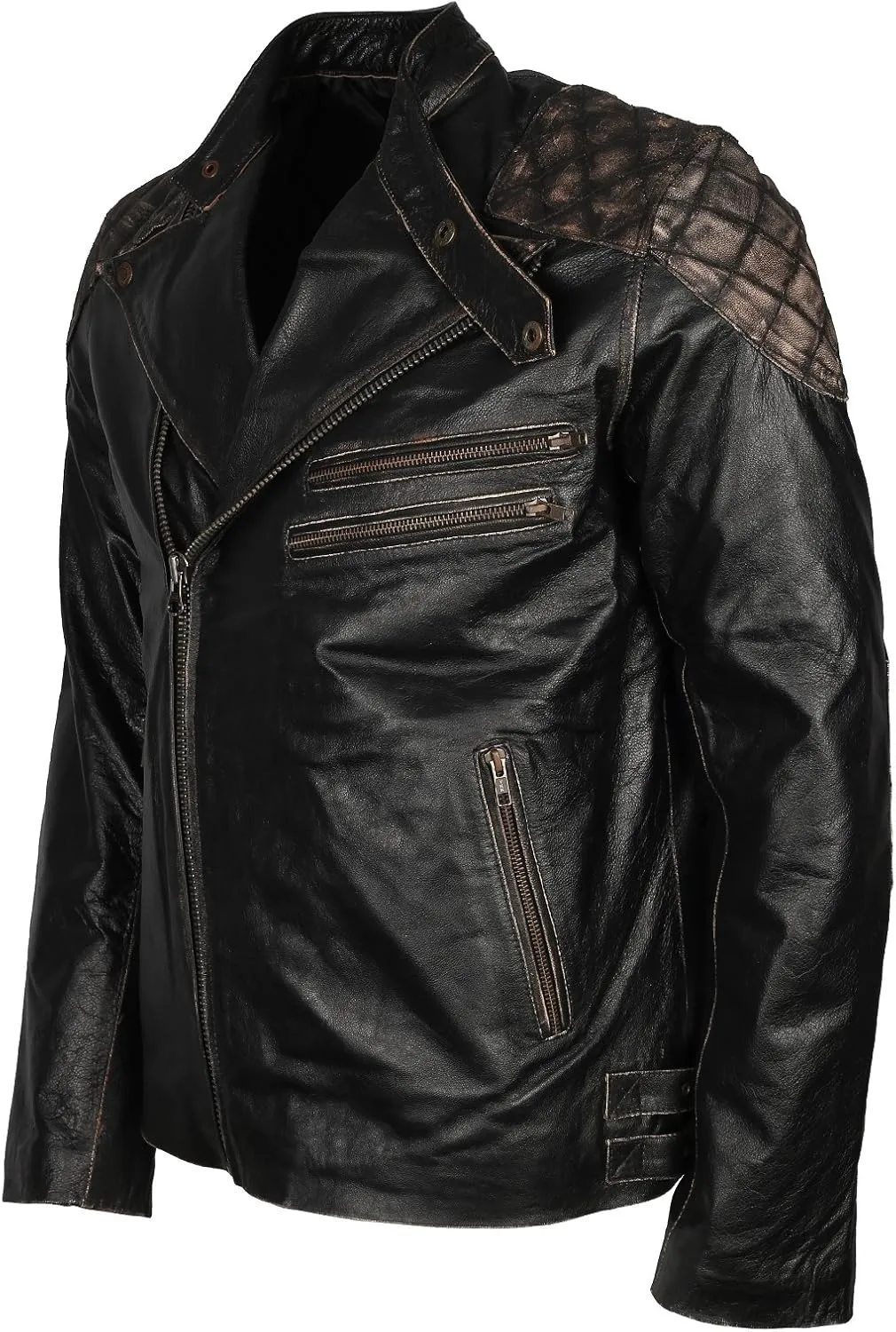 Mens Skull & Bones Black Distressed Leather Vintage Motorcycle Cowhide Jacket