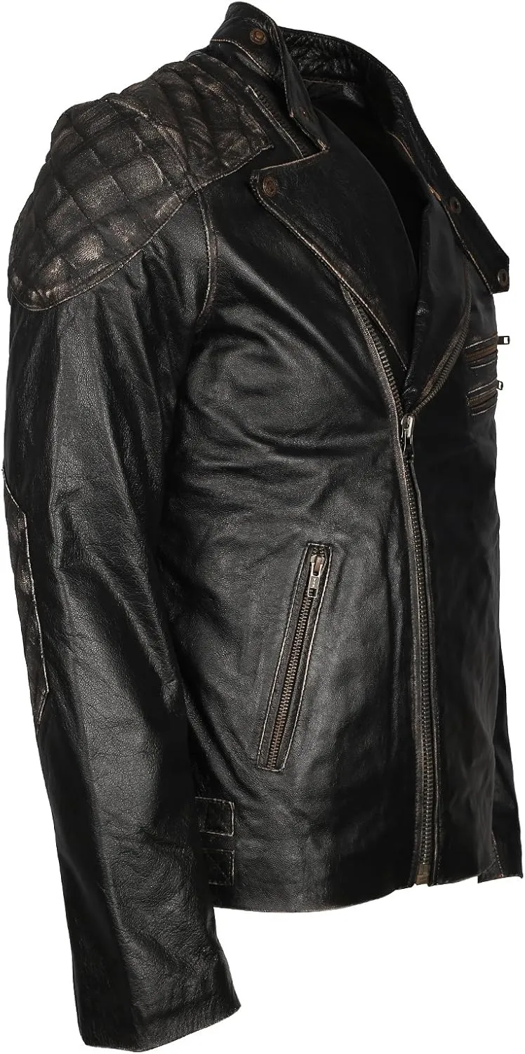 Mens Skull & Bones Black Distressed Leather Vintage Motorcycle Cowhide Jacket