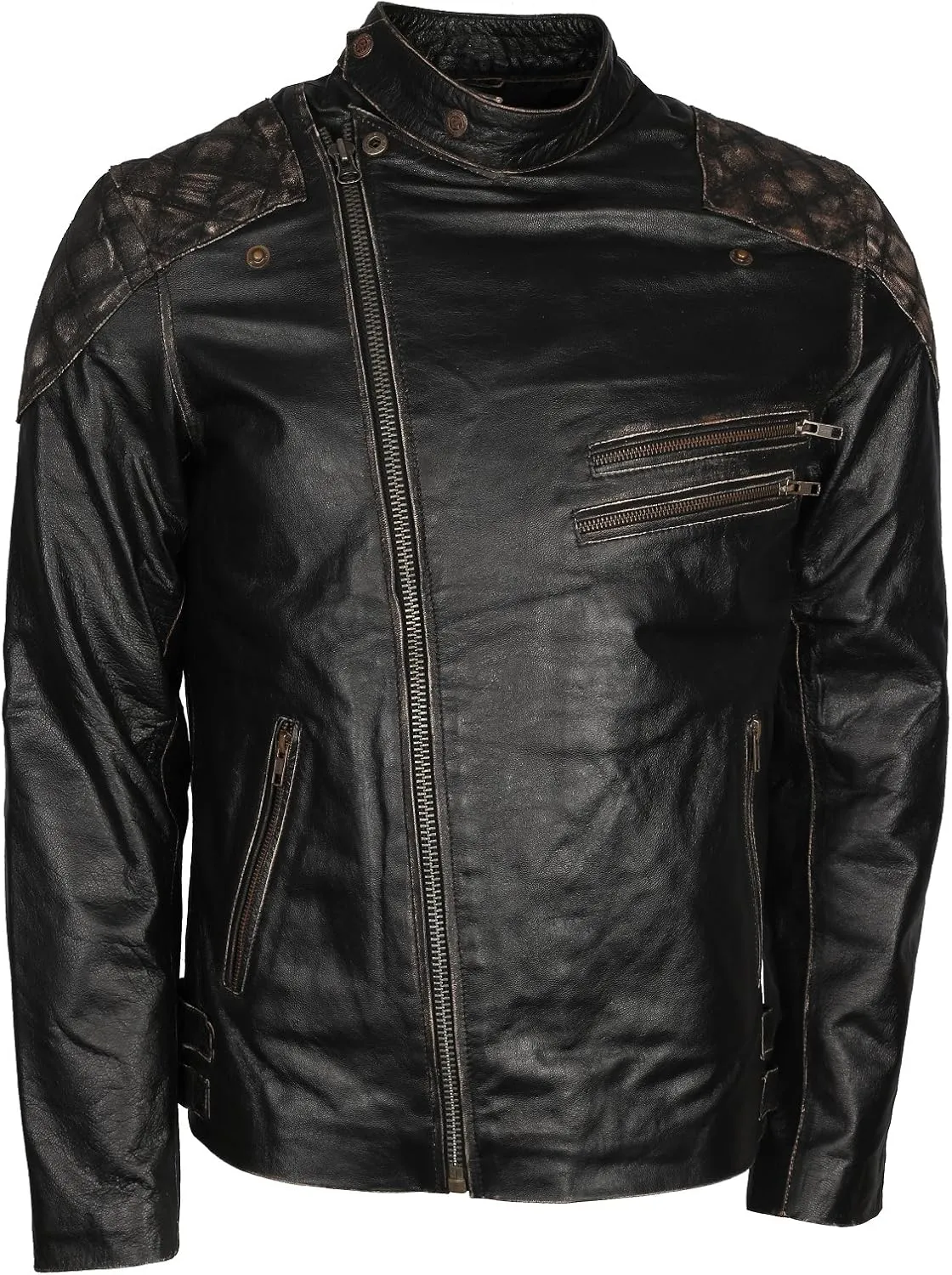 Mens Skull & Bones Black Distressed Leather Vintage Motorcycle Cowhide Jacket