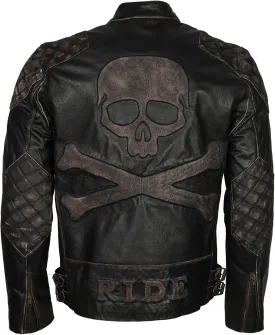 Mens Skull & Bones Black Distressed Leather Vintage Motorcycle Cowhide Jacket